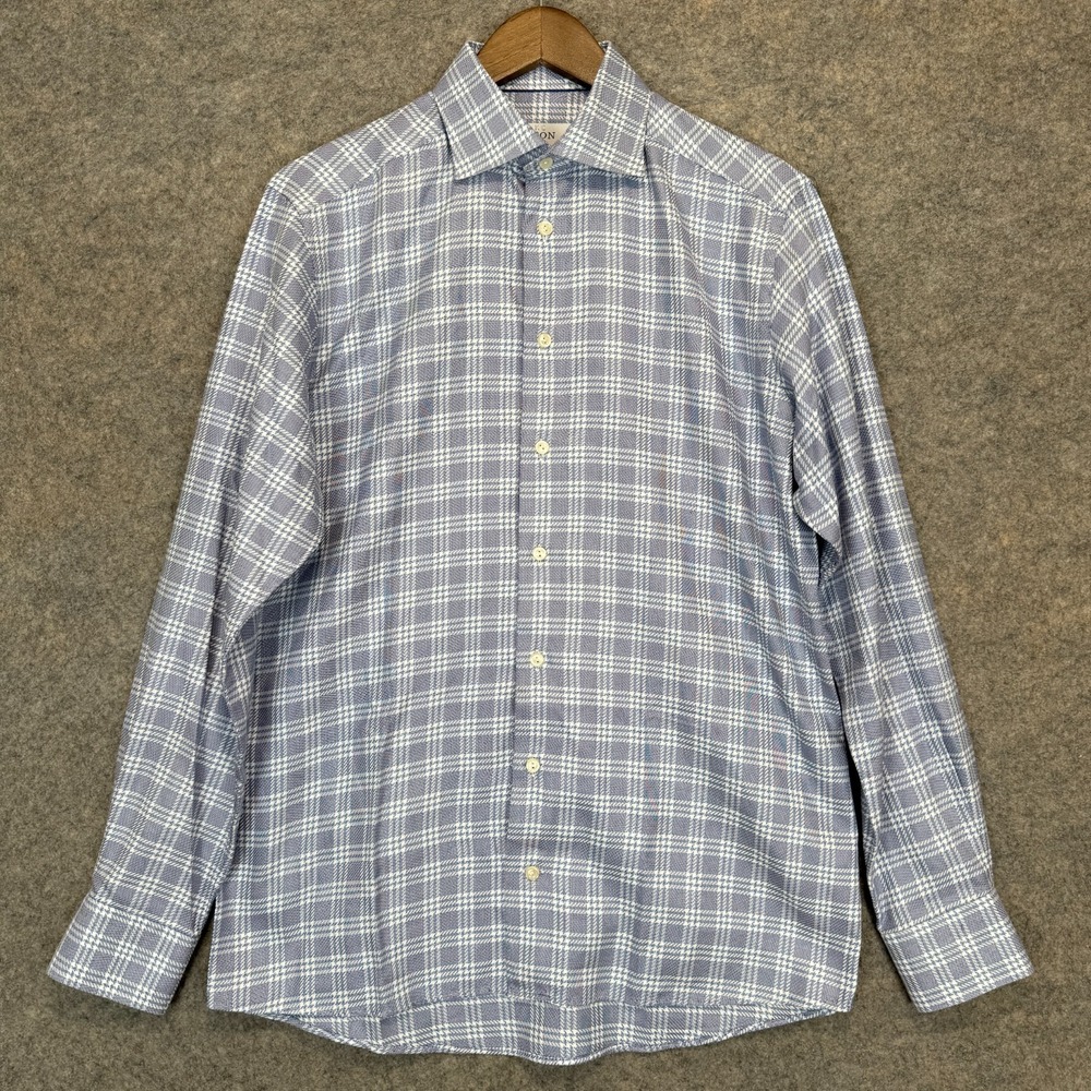 ETON Button Dress Shirt Mens 39 15.5 Prince of Wales Check Glen Plaid Spread